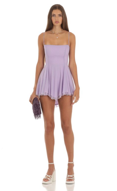 Eureka Mesh Flare Dress in Purple | LUCY IN THE SKY Lavender Hoco Dress, Purple Dress Formal, Purple Hoco Dresses, Purple Dress Short, Preppy Chic Outfits, Purple Summer Dress, Purple Homecoming Dress, Light Purple Dress, Lucy In The Sky