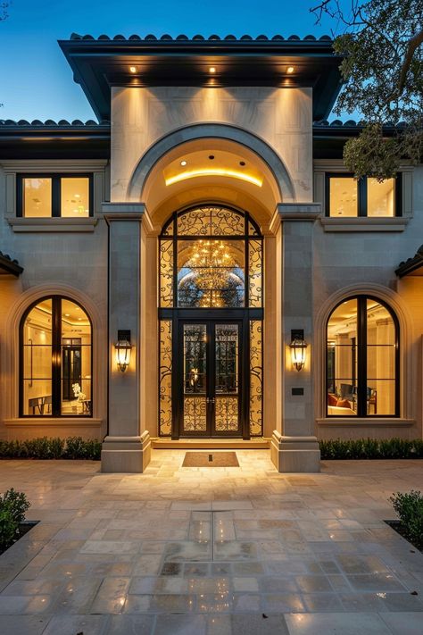 Mediterranean mansion grand arch entrance. Discover these amazing Mediterranean mansions that make you see luxurious seaside retreats in a new light. Mansions Luxury Entrance, Front Door Mediterranean Entryway, House Grand Entrance, Grand House Exterior, Mediterranean Mansion Exterior, Luxury House Entrance Door, Luxury Entrance Design, Modern Mediterranean Homes Exterior, Modern Mediterranean House Design