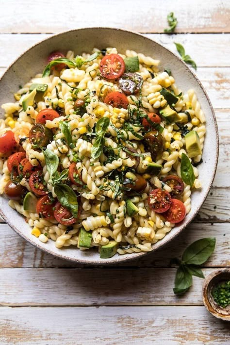 Corn, Tomato, and Avocado Pasta Salad | halfbakedharvest.com #pasta #summer #pastasalad #easy Half Baked Harvest Corn, Tomato Avocado Pasta Salad, Salad Appetizer Cups, Tomato Pasta Salad, Harvest Corn, Veggie Pasta Salad, Half Baked Harvest Recipes, Corn Avocado, Avocado Pasta Salad