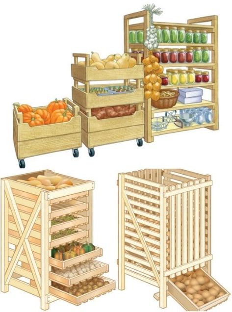 Diy Produce Storage, Root Cellar Storage, Food Storage Rooms, Produce Storage, Desain Pantry, Root Cellar, Vegetable Storage, Pantry Design, Furniture Kitchen