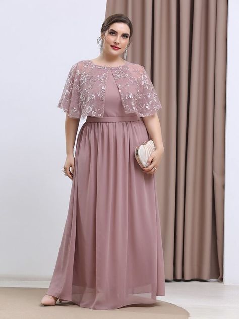 Free Returns ✓ Free Shipping On Orders $49+ ✓. Plus Floral Embroidered Mesh Cape Overlay A-line Dress- Plus Size Dresses at SHEIN. Dress Brokat Modern, Modern Filipiniana, Filipiniana Dress, Muslimah Wedding, Frock Designs, Gown Party Wear, Dress Brokat, Dress Pesta, Big Size Dress