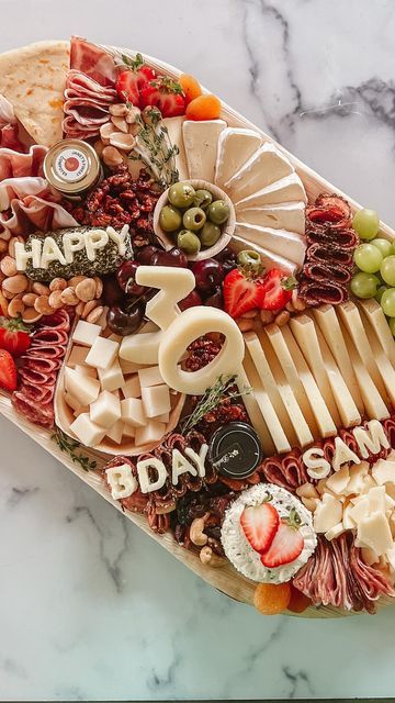 His And Hers 30th Birthday Party, 25th Birthday Charcuterie Board, Charcuterie 30 Birthday, 30th At Home Birthday Ideas, Charcuterie Board For 30th Birthday, 30th Birthday Appetizer Ideas, 30 Birthday Charcuterie Board, Birthday Cheese Board Ideas, Charcuterie Board 30 Birthday