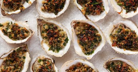 Oyster Rockefeller Recipe, Oyster Rockefeller, Rockefeller Recipe, Broccoli Rabe Recipe, Oysters Rockefeller, Grilled Oysters, Melissa Clark, Mashed Potato Casserole, Garlic Spinach