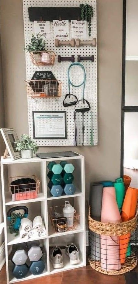 Home Fitness Room Ideas Gym Design, Workout Room Storage, Home Workout Corner Design, Bedroom Workout Corner, Small Workout Corner In Bedroom, Small Apartment Workout Space, Home Gym Small Storage, Living Room Workout Space, Small Space Workout Area