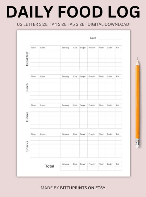 Easy to follow daily food log journal. Track your food intake, water intake, and exercise with this printable PDF food diary. Includes a calorie tracker and goal setting pages. #foodlog #foodjournal #diet_planner Daily Food Log, Food Diary Printable, Log Journal, Life Skills Class, Daily Nutrition, Symptom Tracker, Calorie Tracker, Diet Planner, Food Log