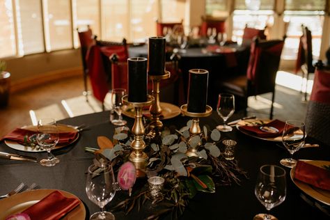 Burgundy, Black, and Champagne Wedding at Sedona Golf Resort | Junebug Weddings Black And Burgundy Wedding Table Settings, Black And Burgundy Wedding Decorations Table Settings, Black Gold Burgundy Wedding Centerpieces, Burgundy Black And Gold Wedding Table Settings, Black And Burgundy Wedding Centerpieces, Black And Burgundy Centerpieces, Wine And Black Wedding, Black And Wine Wedding, Black And Burgundy Wedding Decorations