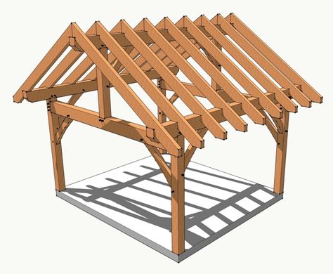 14x16 Timber Frame Plan -   http://timberframehq.com/14x16-king-post-timber-frame/ Timber Frame Pergola, Hot Tub Shelters, Timber Frame Plans, Timber Frame Porch, Pool Pavilion, Gazebo Plans, Outdoor Structure, Outdoor Pavilion, Backyard Pavilion