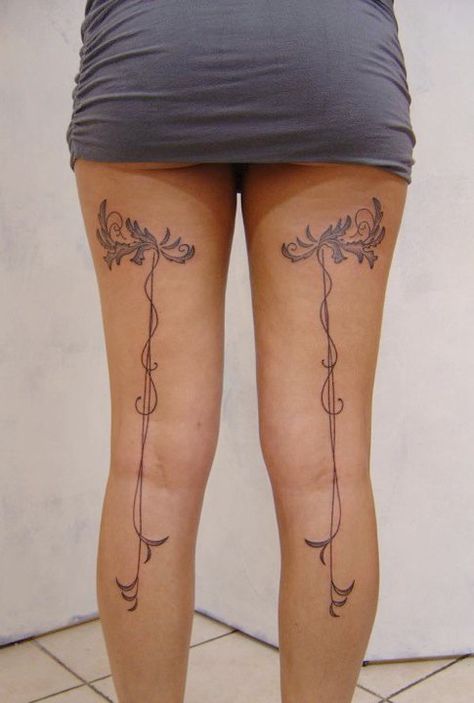 Back Of Leg Tattoo Women, Leg Tattoo Women, Back Of Leg Tattoo, Back Of Leg Tattoos, Stocking Tattoo, Bow Tattoo Designs, Hip Thigh Tattoos, Tattoo Love, Bow Tattoo