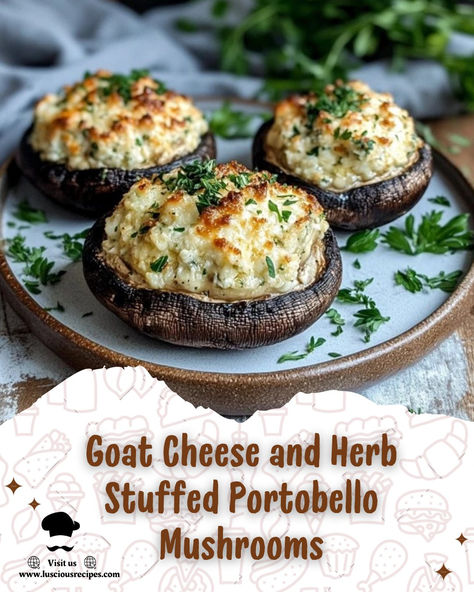 Indulge in the savory flavors of Goat Cheese and Herb Stuffed Portobello Mushrooms. A simple yet elegant dish perfect as an appetizer or side, loaded with rich, creamy goodness. Goat Cheese Stuffed Portabella Mushrooms, Stuffed Portabella Mushroom Recipes, Portabella Mushroom Recipes, Portabella Mushroom Burger, Goat Cheese Stuffed Mushrooms, Healthy Stuffed Mushrooms, Stuffed Mushroom Recipes, Portabella Mushrooms Recipes, Cheesy Fries