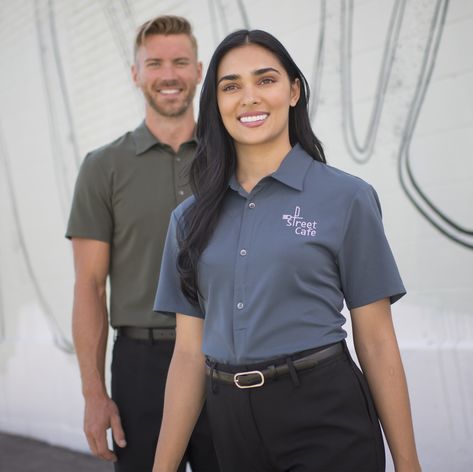 Our Bengal Ultra-Stretch Camp Shirt is comfortable, professional, unisex, and fits many aspects of the resort industry from front desk, to food and beverage! Check out our resort industry inspiration guide on our website to find more uniform fits. Uniform Fits, Cafe Uniform, Professional Uniforms, Employee Uniform, Company Uniform, Hotel Uniform, Staff Uniforms, Corporate Uniforms, Hospitality Uniform