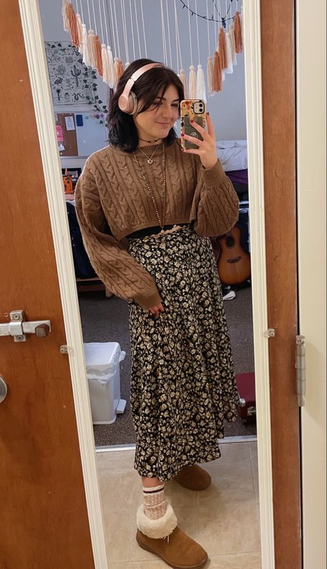 Long Skirt With Stockings Outfit, Skirt With Uggs Outfit Winter, Floral Skirt Outfits Winter, Long Skirt And Jumper, Long Skirt Cold Weather Outfit, Long Skirt And Jumper Outfit, Cozy Skirt Outfits, Winter Maxi Skirt Outfit Cold Weather, Long Skirt With Cardigan Outfit