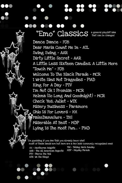 Emo Playlist Cover, Emo Playlist, Emo Songs, Akordy Na Ukulele, Emo Party, Emo Song, Playlist Names Ideas, Goth Music, Song Suggestions