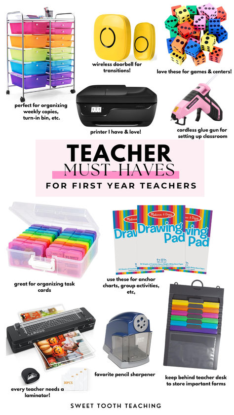 Must have items for first year teachers! Here is a list of items you need in the classroom and will make your first year of teaching run smoothly! First Time Teacher Supplies, Amazon Must Haves For Teachers, 1st Year Teacher Must Haves, Amazon Classroom Must Haves Elementary, Classroom Amazon Must Haves, First Year Teacher Must Haves Elementary, Teacher Amazon Wish List, First Year Teacher Checklist, Teacher Must Haves Elementary