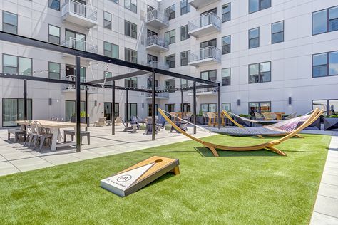 Amenities are Shaping Multifamily - The Opus Group Outdoor Apartment, Apartment Amenities, Courtyard Apartments, Urban Spaces Design, Entrance Signage, Urban Design Concept, Multifamily Housing, Chicago Suburbs, Backyard Inspo