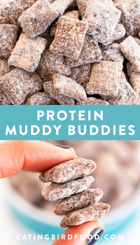 A lightened up version of muddy buddies with an added protein boost! Gluten-free and dairy-free. #protein #muddybuddies #eatingbirdfood Weird Dinner Recipes, Protein Fueled Low Carb, Vanilla Protein Snacks, Vsg Snacks On The Go, Protein Snacks For School, Crunchy Protein Snacks, High Protein Picky Eater, Protein Salty Snacks, Ghost Protein Powder Recipes Chips Ahoy