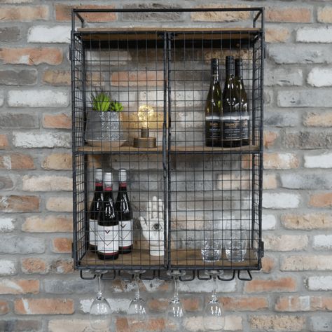 Add this black industrial style wine wall unit to your kitchen or dining area and keep restocked for when you need that refill. It's 2 shelve design, made from mango wood, allows for bottles and glasses to be stored. It also has an added wine rack feature underneath to stock wine glasses for those nights you have guests. For a rustic looking home interior, this is a perfect addition. Your home parties just got a little better! DimensionsWidth - 67 cm Height - 88 cm Depth - 22 cm Weight - Bar Wall Cabinet, Industrial Wine Bar, Shelf With Doors, Wire Wine Rack, Wine Glass Storage, Wall Storage Unit, Angel Wings Wall, Wine Wall, Clock Wall Art