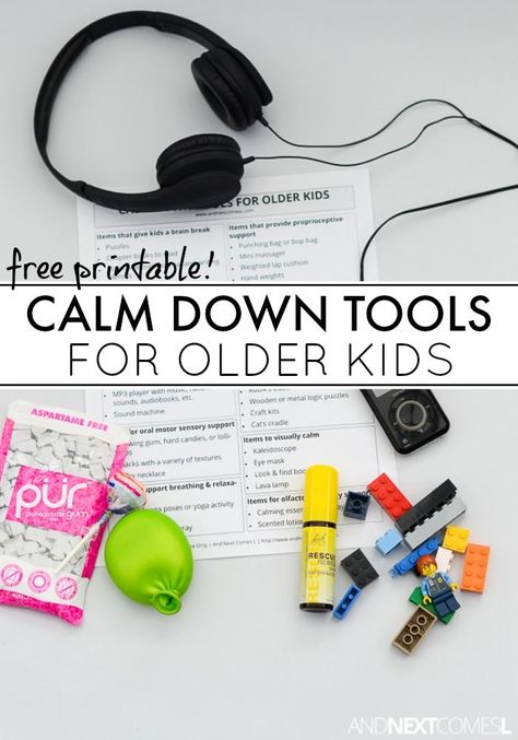 Calm down tools and toys for older kids from And Next Comes L Calm Down Box, Calm Down Kit, Emotions Activities, Calming Strategies, Calming Activities, Tools And Toys, Counseling Resources, School Psychology, Emotional Regulation