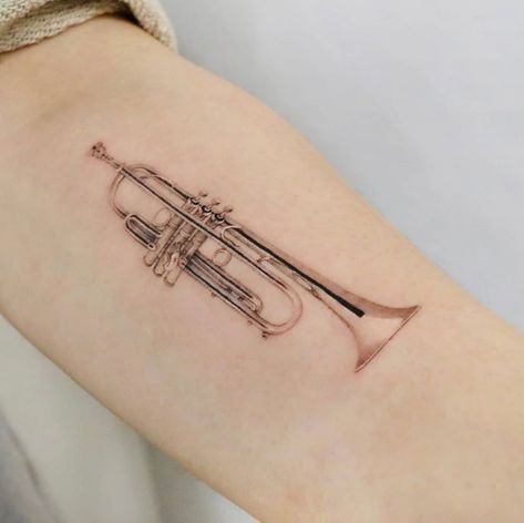 Small Illustration Trumpet  done by @hontattoostudio Trumpet Tattoo, Tattoo For Son, Tattoo Illustration, Abstract Tattoo, 문신 디자인, Symbolic Tattoos, Fine Line Tattoos, Line Tattoos, Unique Tattoos