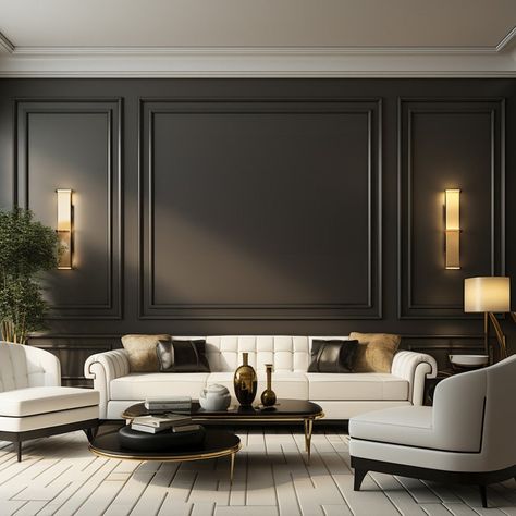 Wall Moulding Panels, Wall Molding Design, White Wall Paneling, Dining Room Wainscoting, 아파트 인테리어, Wall Molding, A Living Room, Formal Living Rooms, Black Walls