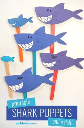 Printable shark puppets - song your own version of the baby shark song!  #puppet #babyshark #sharkweek #freeprintable Printable Shark Template, Shark Crafts Preschool, Shark Stencil, Smiley Shark, Shark Template, Shark Puppet, Shark Activities, Shark Craft, Baby Shark Song