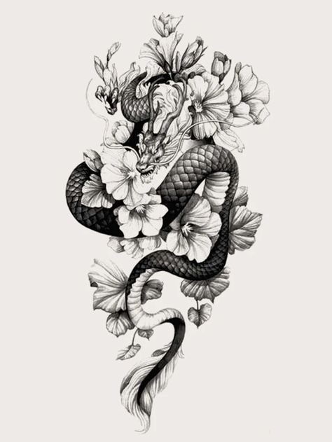 1sheet Chinese Dragon & Flower Print Tattoo Sticker | SHEIN USA Dragon Tattoo With Flowers, Baby Dragon Tattoos, Tattoo Pieces, Dragon Tattoo Back, Tato Paha, Black Dragon Tattoo, Dragon Tattoo Drawing, Tato Naga, Small Dragon Tattoos