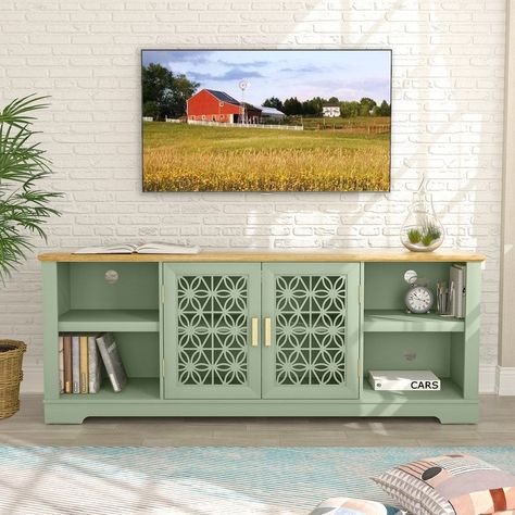 Old Dresser In Living Room, Tv Stand Colorful, Boho Tv Set Up, Vinyl Tv Stand, Flip Tv Stand, Tv Cabinet Aesthetic, Boho Furniture Living Room, Turquoise Tv Stand, Colorful Entertainment Center