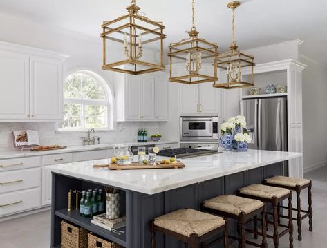 17 Kitchen Island Colors That Look Stunning With White Cabinets | Hunker Kitchen Island With Cooktop, Green Kitchen Island, Island Cooktop, Grey Blue Kitchen, Blue Kitchen Island, Kitchen Island Tops, Grey Kitchen Island, White Shaker Cabinets, Kitchen Island With Seating