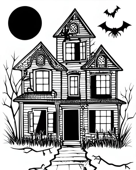 Haunted House Sketch Easy, Haunted Houses Drawing, Haunted House Drawing Easy, Haunted Mansion Drawing, Haunted House Template, Haunted House Drawing, Simple House Drawing, House Doodle, Horror Drawing