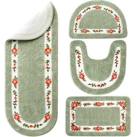 PRICES MAY VARY. Practical and Decorative Set: there are 4 cute bath rugs in different shapes that can thoughtfully meet your various needs, and they all share the same green floral themed design, which looks elegant and charming, making them tasteful room decorations for your house Ideal Sizes for Different Uses: the bedside rug is about 17.72 x 49.21 inches/ 45 x 125 cm, the rectangular bath doormat is about 17.72 x 29.53 inches/ 45 x 75 cm, the semicircle doormat is about 15.75 x 23.62 inches Flower Shape Bath Rug, Toliet Rugs, Coquette Rug, Cute Bath Mats, Floral Bathroom, Toilet Rug, Bathroom Rug Sets, Apartment Bathroom, Shower Mat