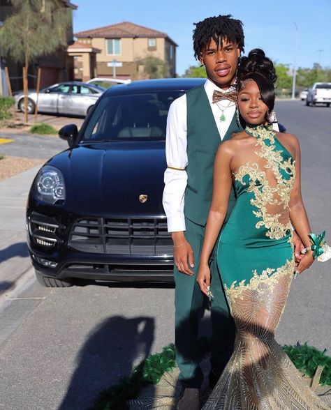 Dark Green And Black Prom Dress, Green And Gold Prom Dress Black Women, Emerald And Gold Prom Dress, Emerald Green Prom Couple Black, Dark Green And Gold Prom Dress, Green And Gold Prom Dresses, Green Gold Prom Dress, Green And Gold Prom Couple, Emerald Green And Gold Prom Dress