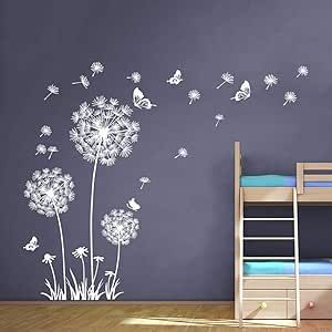 Dandelion Wall Mural, Dandelion Wall Painting, Dark Wall Decor Bedroom, Dandelion Bedroom Ideas, Butterfly Wall Decals Bedroom, Stencil Designs Wall Living Room, Giant Dandelion, Butterfly Wall Mural, Stickers Plants