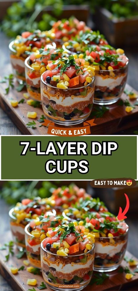 7 Layer Dip Cups are the best appetizer to serve at your next party. This dip is perfect for Mexican dinner night and goes great with tacos! 7 Layer Dip In Cups, Mexican Style Appetizers, Mexican Appetizers For Party Make Ahead, Easy Mexican Appetizers For A Party, 7 Layer Taco Dip Easy, 7 Layer Dip Mexican, Dip In A Cup, Mexican Party Appetizers, Mexican Appetizers For Party