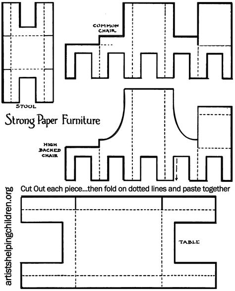 simple but a favorite of mine..depend on how you paint the surface:   printable template all furniture 285x175 step How to Make a Paper Doll House Table & Chairs Bathroom Fan Ideas, Cardboard Dollhouse, Accessoires Barbie, Paper Furniture, Paper Doll House, Decor Studio, Attic Renovation, Attic Remodel, Paper Dolls Printable