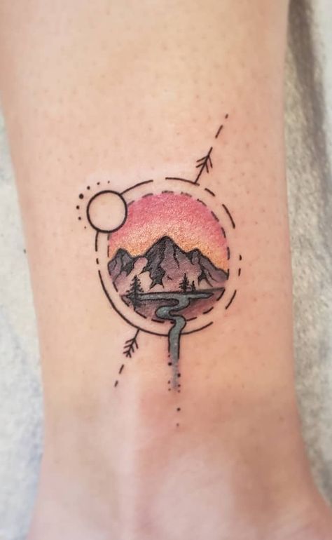 A minimalistic mountain scene tattoo done by @katarina.heinze a while back. Love the subtle colouring for the sunset background, from yellow to pink. Mountain Tattoos For Women, Small Mountain Tattoo, Camping Tattoo, Mountain Tattoos, Colour Tattoo For Women, Scene Tattoo, Mountain Tattoo Design, Sunset Tattoos, Mama Tried