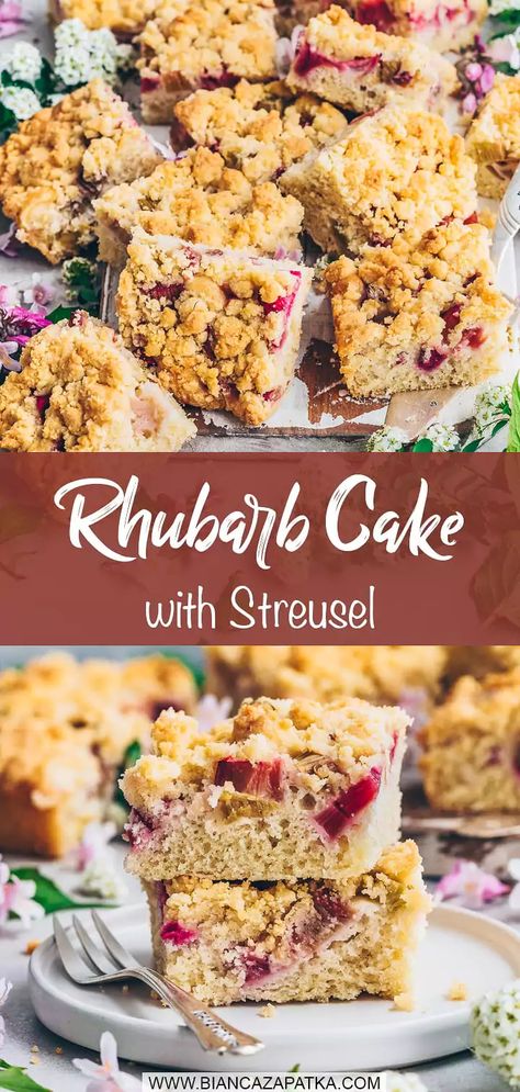 Moist and fluffy Rhubarb Cake meet crunchy Rhubarb Crumble - This German Rhubarb Cake with crunchy streusel topping is super easy and vegan! #rhubarb #rhubarbcake #crumble #streusel #cake #cake #easyrecipes #veganrecipes #recipes #food #vegan #baking #coffeecake | biancazapatka.com Rhubarb Crumble Cake, Vegan Rhubarb, Crumble Cake Recipe, Rhubarb Cake Recipes, Rhubarb Coffee Cakes, Streusel Cake, Rhubarb Crumble, Rhubarb Cake, Tray Bake Recipes