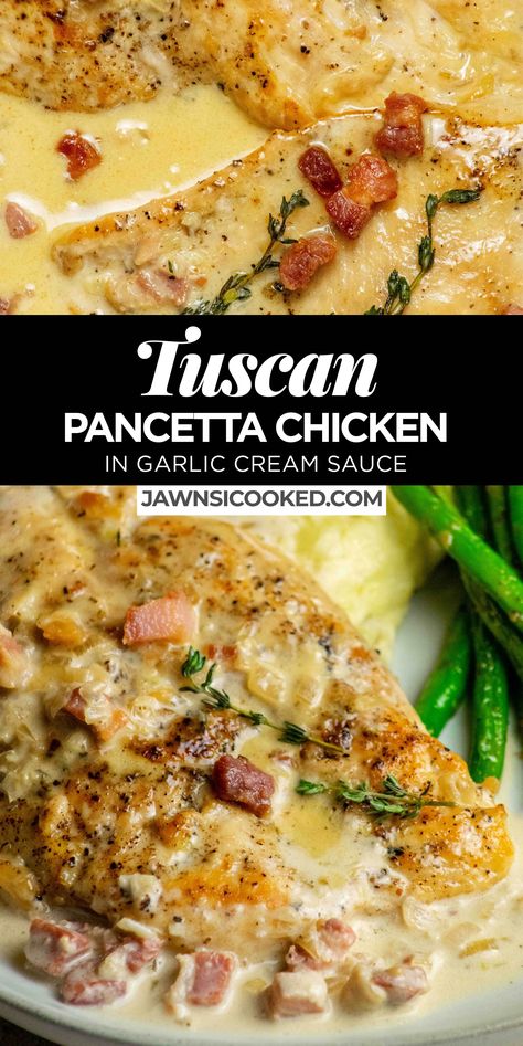 This delicious Tuscan Pancetta Chicken recipe combines tender, well browned chicken breast, delicious porky pancetta, and an herb garlic cream sauce, for a restaurant quality meal you can make any night of the week! Meat Dish Recipes, Meals With Pancetta, Keto Pancetta Recipes, Chicken Pancetta Pasta, Pancetta Chicken Recipes, Chicken With Bechamel Sauce, Romantic Dinner Recipes Chicken, Chicken And Pancetta Recipes, Chicken And Brie Recipes Dinners