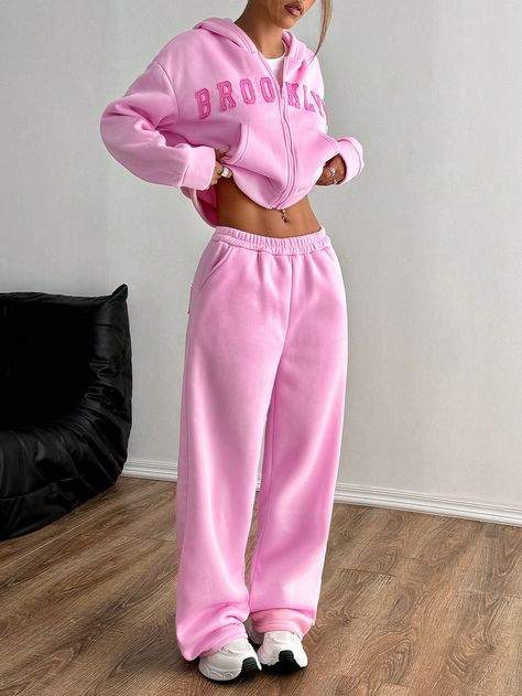 2pcs/Set Casual Embroidered Hoodie And Straight-Leg Fleece Sweatpants Set Pink Casual    Letter  Slight Stretch  Women Clothing, size features are:Bust: ,Length: ,Sleeve Length: Jogging Suits For Women Outfit, Sweat Pants Design Ideas, Two Piece Sweat Suit Outfit, Shein Hoodies, Matching Set Outfit Sweats, Cute Sweat Pants, Sweat Suits Outfits, Ensemble Jogging, Track Suits Women