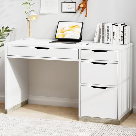 Compact white desk with storage and filing cabinet for small spaces, ideal for home offices and studios. Cabinet Small Space, Small Desk With Storage, Drawer Handle Design, Desk With Filing Cabinet, Desks With Drawers, Small Space Home Office, Kids Desk Organization, Small Bedroom Desk, Small Room Desk