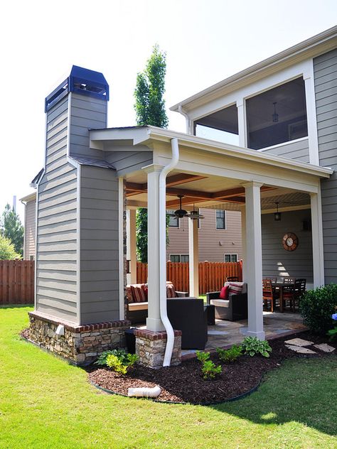 Outdoor covered patio with fireplace, great addition idea. Dream, dream, dream! Outdoor Covered Patio With Fireplace, Covered Patio With Fireplace, Patio With Fireplace, Outdoor Covered Patio, Casa Clean, Outside Living, Pergola Patio, Screened Porch, Backyard Oasis