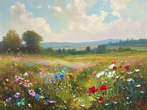 Watercolor Art Flower Field, Field Of Poppies Painting, Flower Field Drawing, Flower Field Painting, Large Landscape Painting, Field Paint, Farm Paintings, Poppy Painting, Scenery Pictures