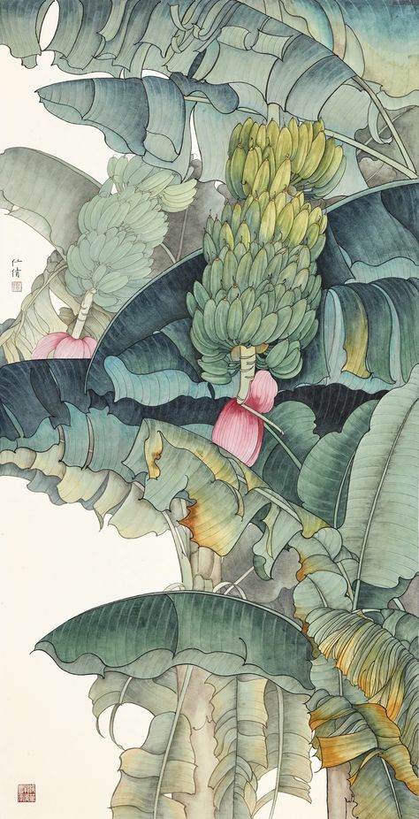 Chen Renqian (Chen Zenchien, b.1984) FRUITS ON PLANTAIN TREE signed RENQIAN, and with two seals of the artist ink and colour on paper, framed 130.3 by 66.2 cm. 51 ¼ by 26 1/8 in. Pae hkd 30-50 Childhood Artwork, Plantain Tree, Kingfisher Art, Flowers Paintings, Illustration Botanique, Banana Tree, Textile Designs, 수채화 그림, Botanical Painting