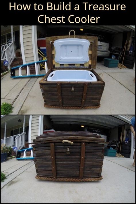 Build an Awesome Treasure Chest Cooler For Your Drinks at Gatherings! Larp Camp, Diy Cooler, Pirate Treasure Chest, Pub Sheds, Pirate Treasure, Boat Trip, Building Projects, Pirate Party, Outdoor Ideas