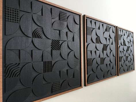 Modern Wood Art, Plaster Wall Art, Art Appliqué, Wood Wall Art Decor, Mid Century Modern Walls, Plaster Walls, Charcoal Black, Geometric Wall, Art Moderne