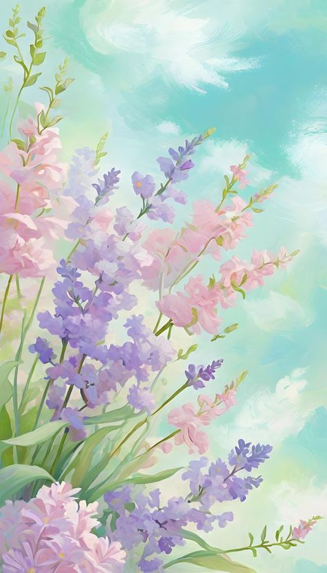 Lavender and soft pink flowers reach skyward, blending with the tranquil hues of a dreamy sky. Soft Flower Wallpaper, Soft Pink Art, Glowing Rocks, Pretty Phone Backgrounds, Hilarious Images, Soft Pink Flowers, Dreamy Flowers, Apps On Your Phone, Dreamy Sky