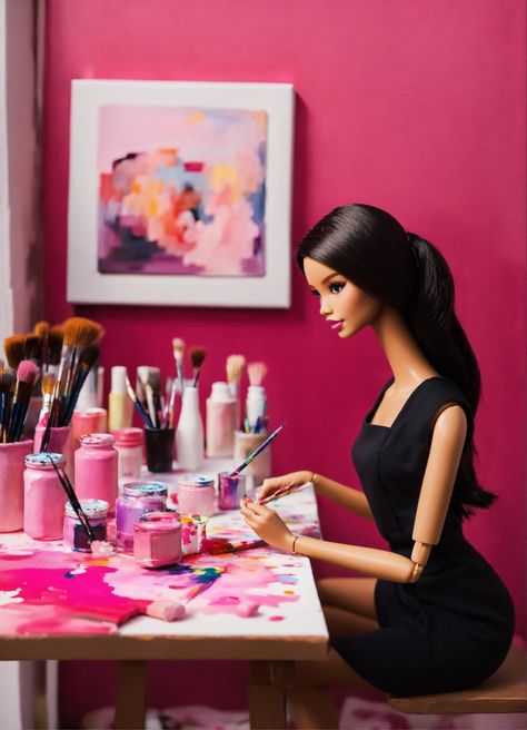 Barbie doll 
Barbie artist 
Barbie aesthetic 
Artist 
Artist aesthetic 
Painter 
Painter Aesthetic 
Pink world 
Pink aesthetic 
Pink Barbie world 
Aesthetic Barbie Studying, Career Barbie, Career Barbie Dolls, Pink Barbie House Real Life, Barbie Diorama Scene, Realistic Barbie, Real Barbie, Diy Barbie House, Barbie Miniatures