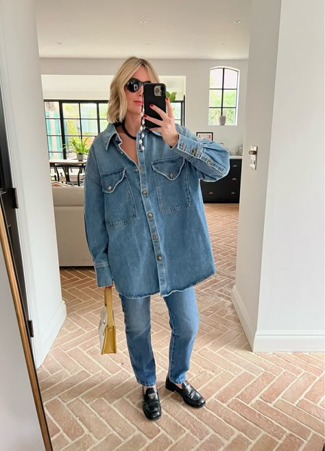 Birdie denim shirt jacket curated on LTK Denim Shirt Outfit Winter, Chic Denim Outfits, Spring Denim Outfits, Jacket Over Dress, Double Denim Outfit, Denim Shirt Outfit, Denim Shirt Jacket, Prada Loafers, Color Combinations For Clothes