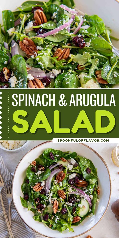 Spinach and arugula salad recipe is the best summer salad recipe! It is made with flavorful vegetables, topped with nuts and crumbled cheese. This side dish idea can go well with almost any main dish. Pin this spinach and arugula salad recipe now! Spinach And Arugula Salad, Cooked Arugula, Honey Mustard Salad, Mustard Salad, Honey Mustard Salad Dressing, Mustard Salad Dressing, Endive Salad, Arugula Recipes, Arugula Salad Recipes