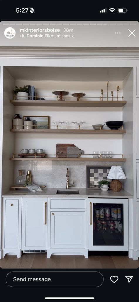 Inset Kitchen Shelves, Built In Open Shelving Kitchen, Shelving Around Fridge, Built In Open Shelving, Open Shelving Kitchen, Built In Shelving, Shelving Kitchen, Recessed Shelves, Dream Basement