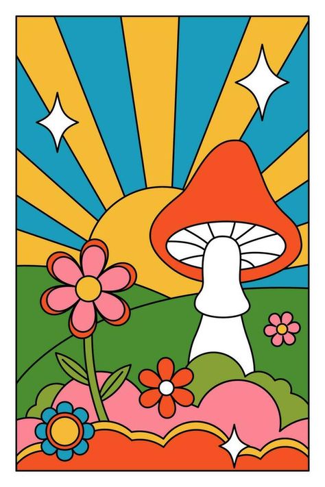 70s, 90s groovy posters, retro print with hippie elements. Cartoon psychedelic landscape with mushrooms and flowers, vintage funky print. Vector illustration. 1970s Artwork, Cartoon Layout, 70s Illustration, Hippie Drawing, Groovy Mushroom, Altered Clothes, Cartoon Mushroom, Retro Vector, Altering Clothes