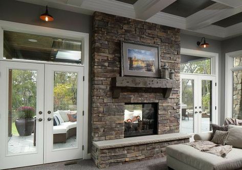 Fireplace Between Windows, Indoor Outdoor Fireplaces, Farm House Livingroom, French Country Living Room, Outdoor Room, Country Living Room, Home Fireplace, French Cottage, French Doors Interior